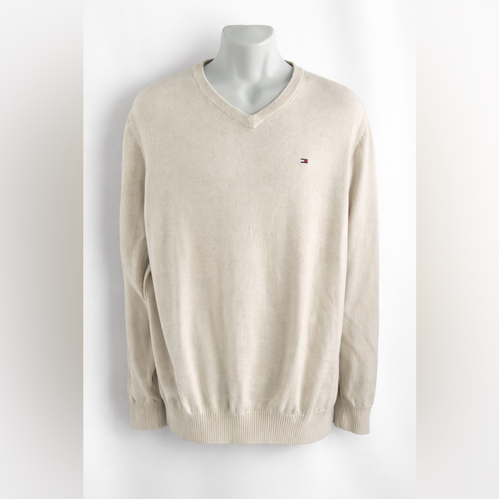 Tommy Hilfiger Men’s Ivory V-Neck Sweater XL Classic Logo Knit